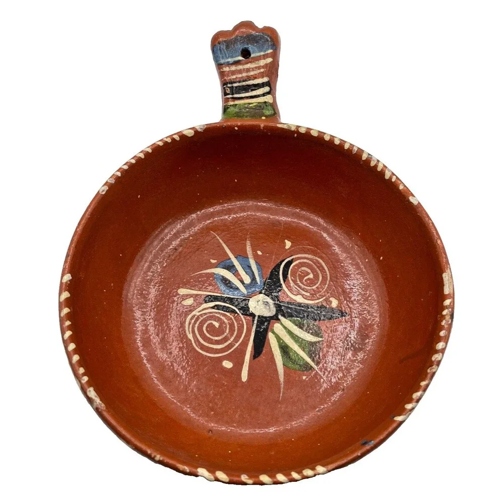 Vintage Mexican Folk Art Pottery Tlaquepaque Casserole Dish w/ Handle Hand Paint